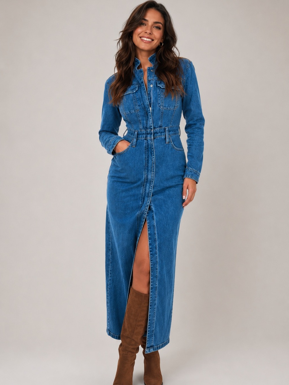 Universal Standard Blue Denim Maxi Shirt Dress with Front Slit